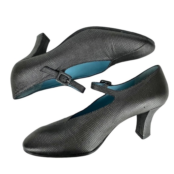 THIERRY RABOTIN STAMPED LIZARD LEATHER PEWTER MARY JANE RETRO BLOCK HEELS - Picture 4 of 16